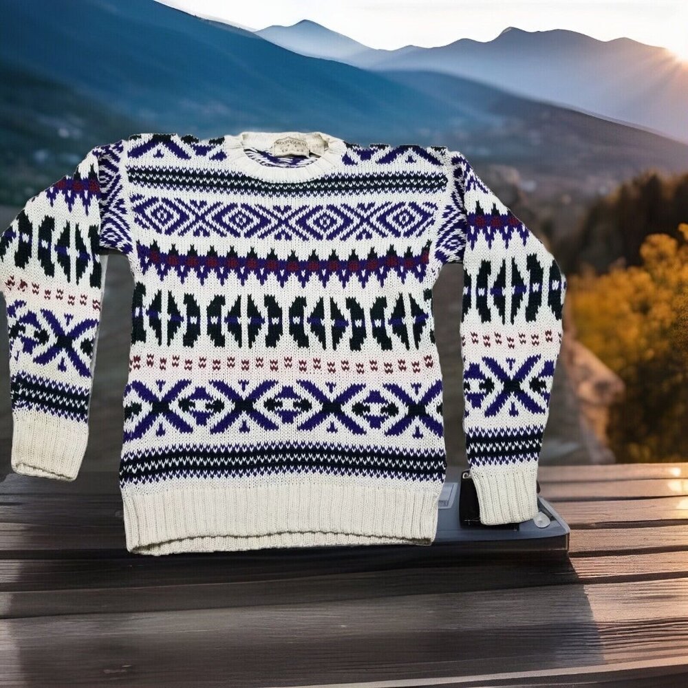 ✅VTG WOODS & GRAY Women's SMALL Sweater Nordic Geometric Y2K * PILING, STAINING